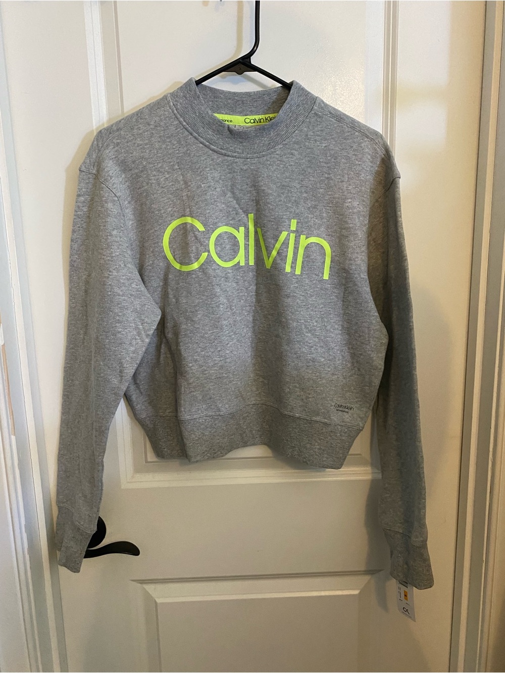 NWT Calvin Klein Heather Gray Cropped Crewneck with Neon Logo